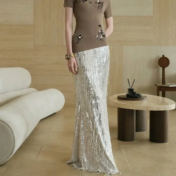Silver Party Women's Sequin Fringe Mermaid maxi skirt - Picture 4 of 7